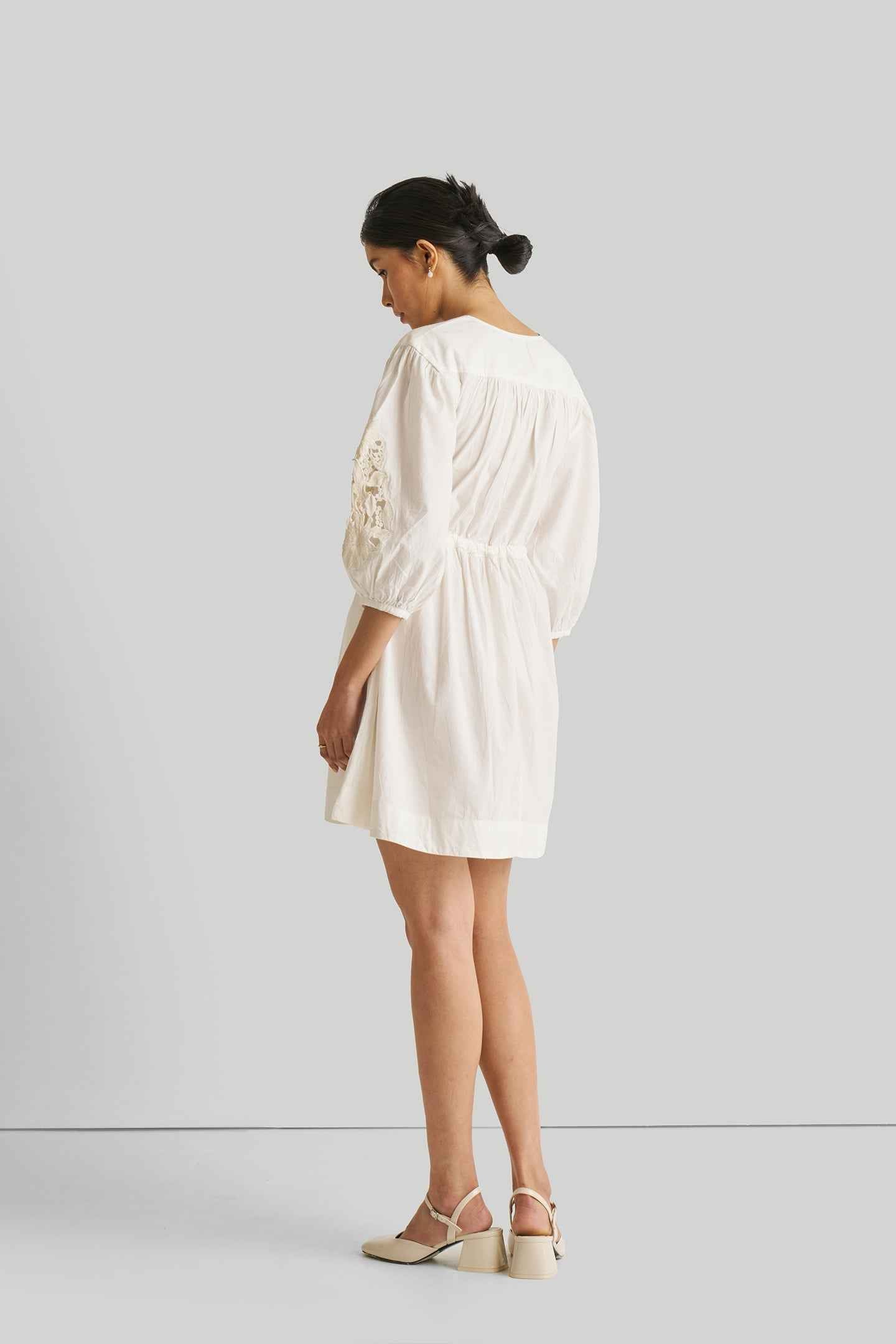 Cotton Shirt Dress with Balloon Sleeves in White