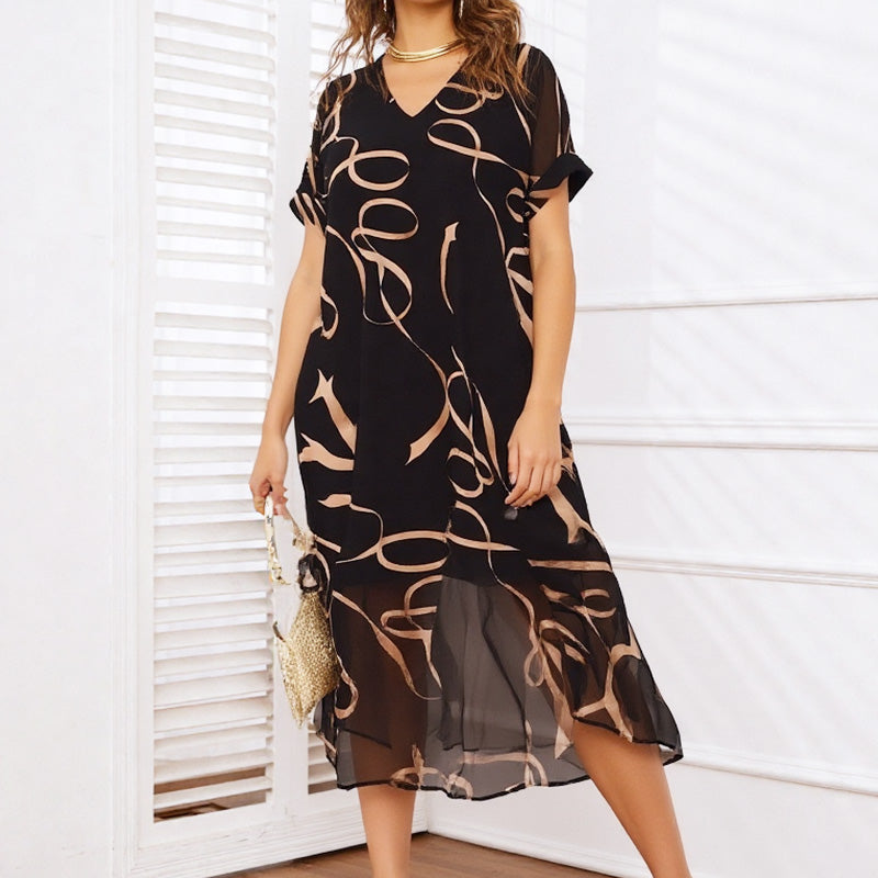 Flowy V-Neck Printed Long Dress