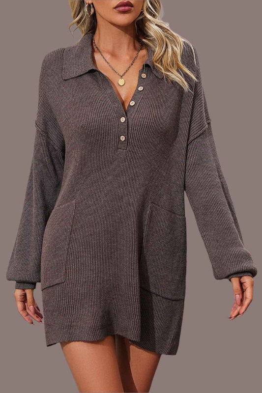 Collared Neck Soft Sweater Mini Dress with Pockets