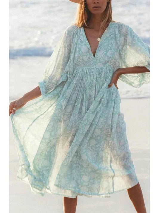 Bohemian Midi Dress with Lantern Sleeves Loose Silhouette