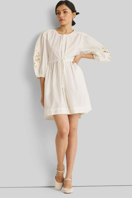 Cotton Shirt Dress with Balloon Sleeves in White