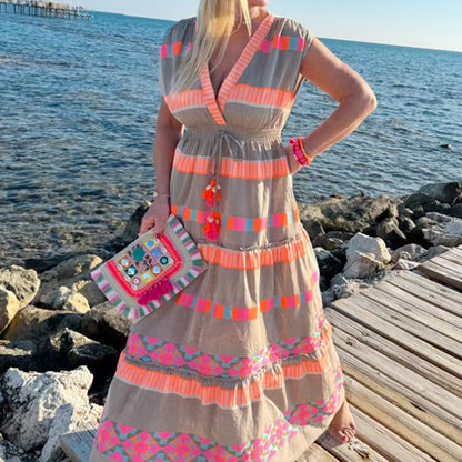 Women's Loose V-Neck Vintage Stripe Pattern Sleeveless Dress